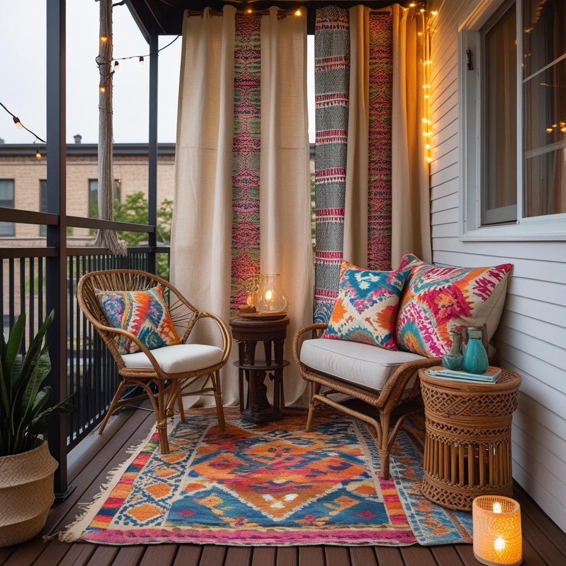 Earthy boho bedroom with block-printed linen curtains, layered pillows, and a table runner draped over the headboard.