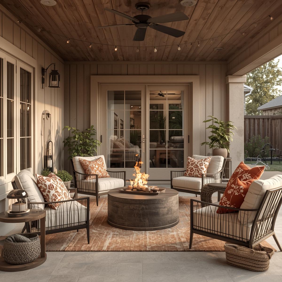 Cozy backyard patio with weather-proof outdoor pillow covers on chairs and lounge seating, golden-hour lighting, string lights, and a fire pit, creating a warm and inviting outdoor living space.