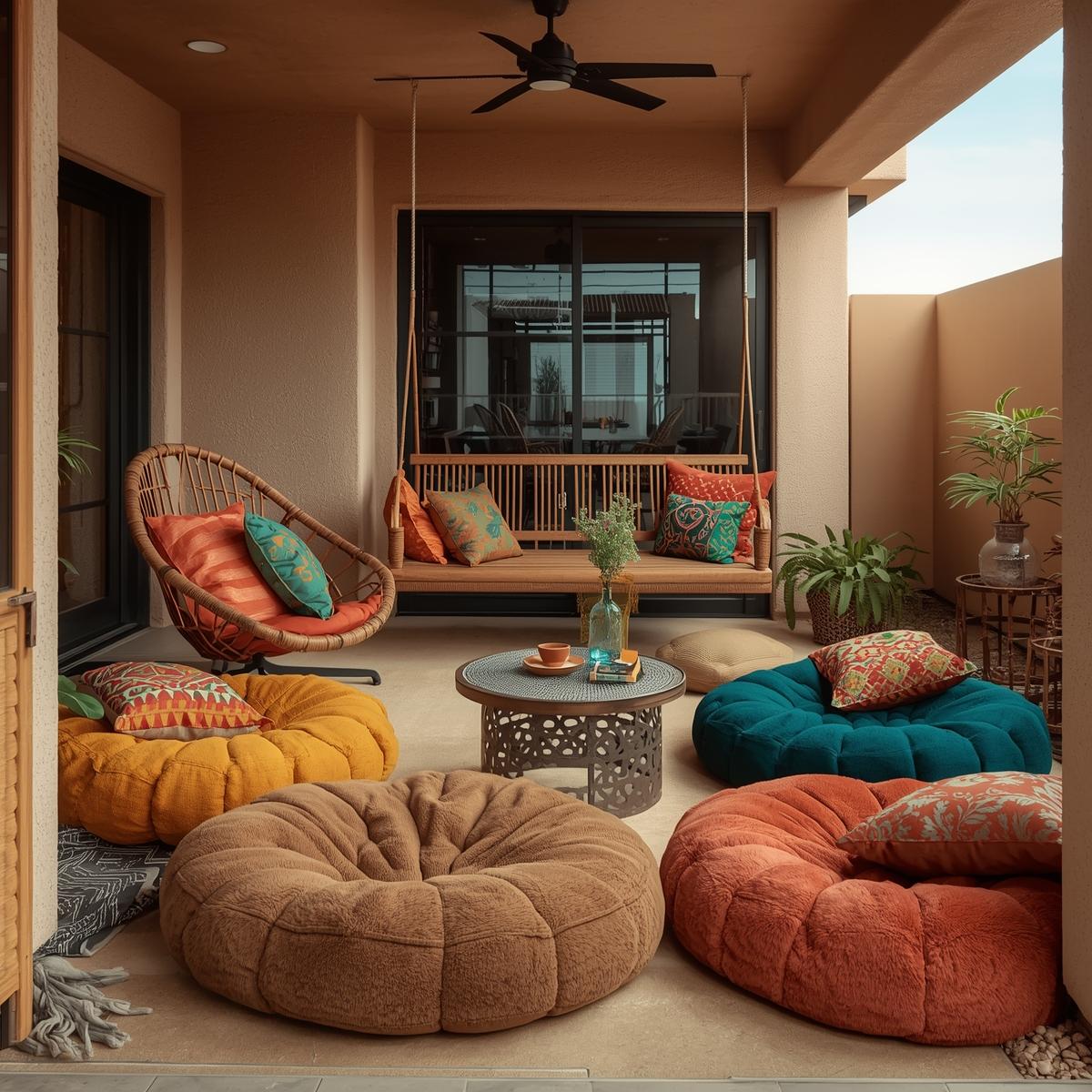 Retro-modern patio with rattan chairs, colorful floor cushions, and string lights at sunset.