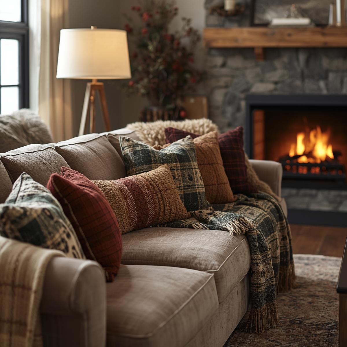 Cozy living room with plaid and animal print throw pillows on a soft sofa, creating a stylish and warm 2025 home decor look.
