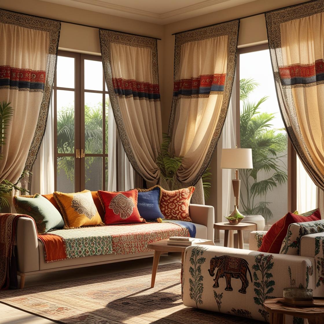 Elegant dining space featuring a handcrafted block-printed table runner, complemented by artisanal wallpaper and soft window shades for a refined, coordinated home aesthetic.