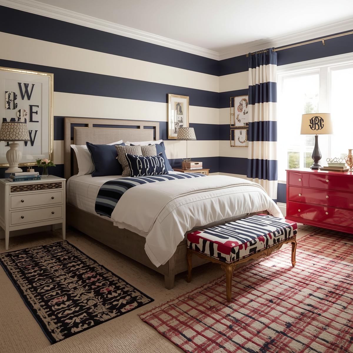 Preppy-style bedroom with a tufted headboard, white nightstands, navy and natural wood furniture, and a cozy elegant vibe.