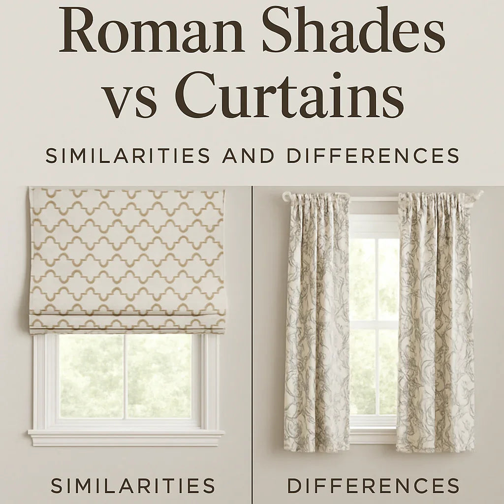 Window dressed with Roman shades on one side and curtains on the other.