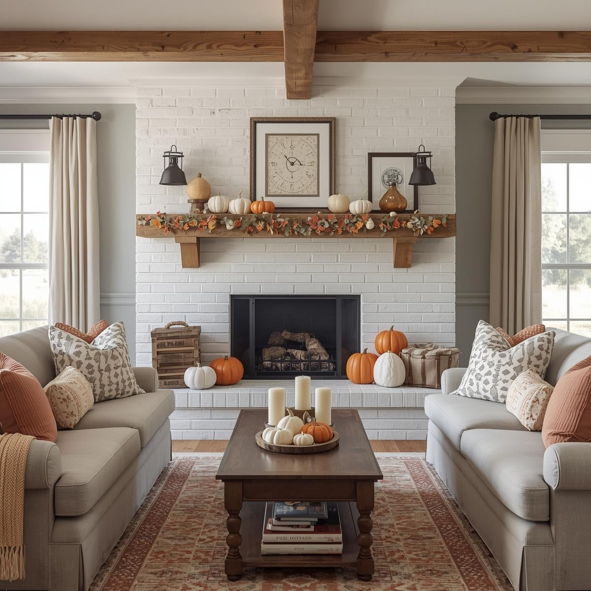 Rustic farmhouse living room with a white brick fireplace, wooden mantel decorated with fall garland, pumpkins