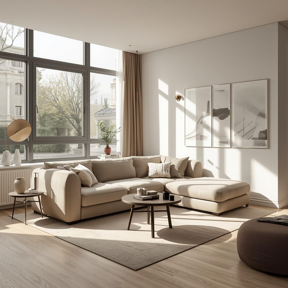 A modern living room showcasing a sleek modular sofa, a multifunctional sofa bed, a sofa with hidden storage, and a spacious L-shaped sofa.