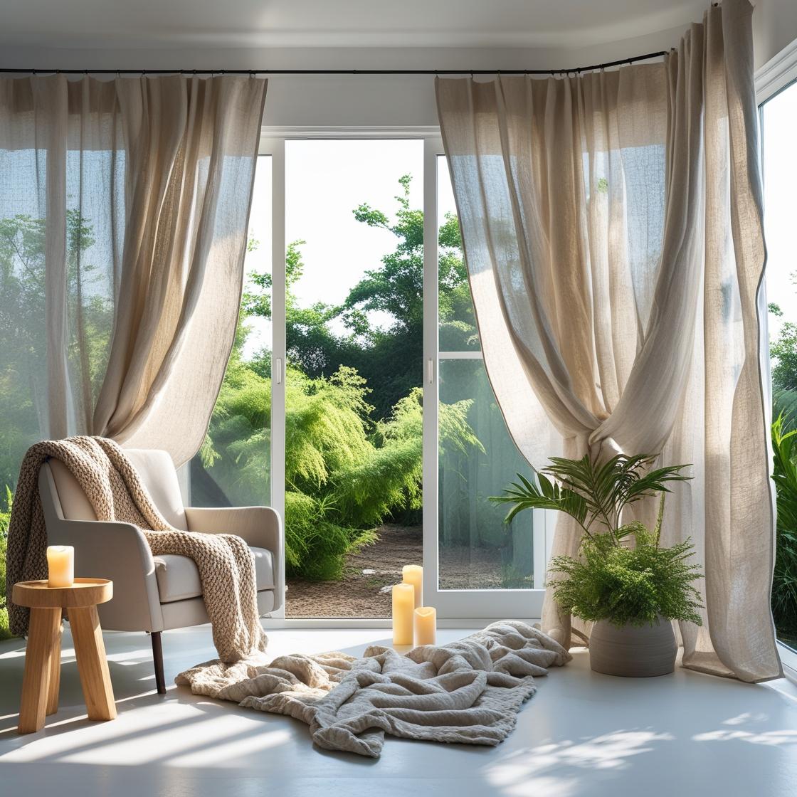 Visualize a bright, airy room with large windows draped in natural linen blackout curtains.