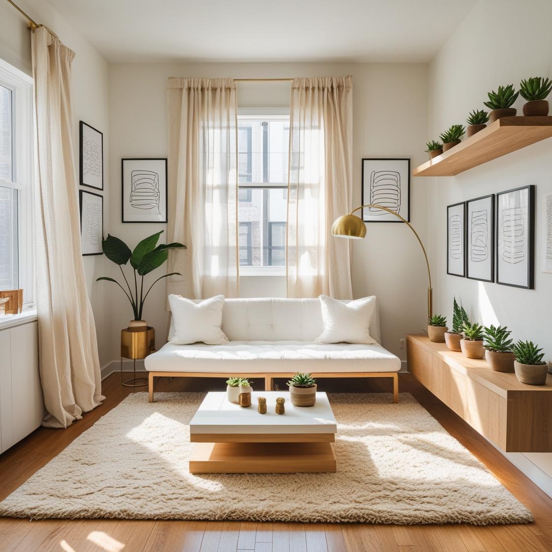 walls are decorated with minimalist art, and natural light flows in through large windows with sheer Fabdivine linen curtains. 