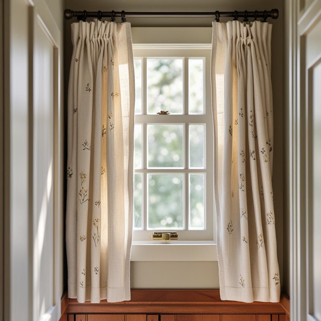 Stylish small window in a cozy corridor dressed with soft linen curtains in a warm, modern American home.