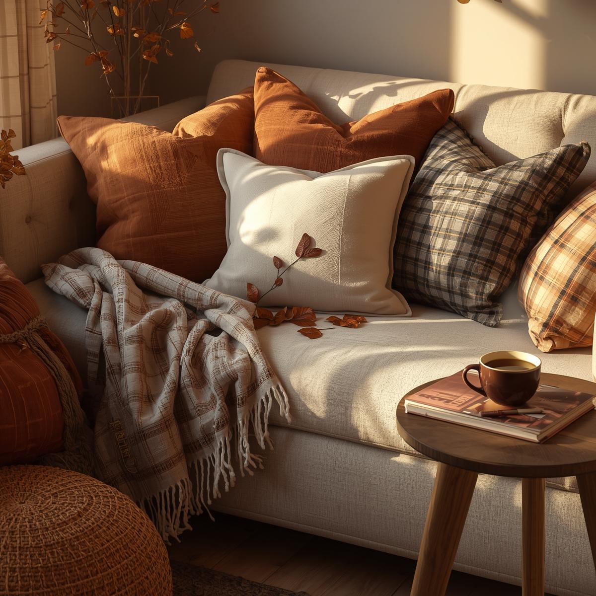 A cozy living room corner with leafy green and floral throw pillows on a neutral sofa, soft natural light highlighting textures