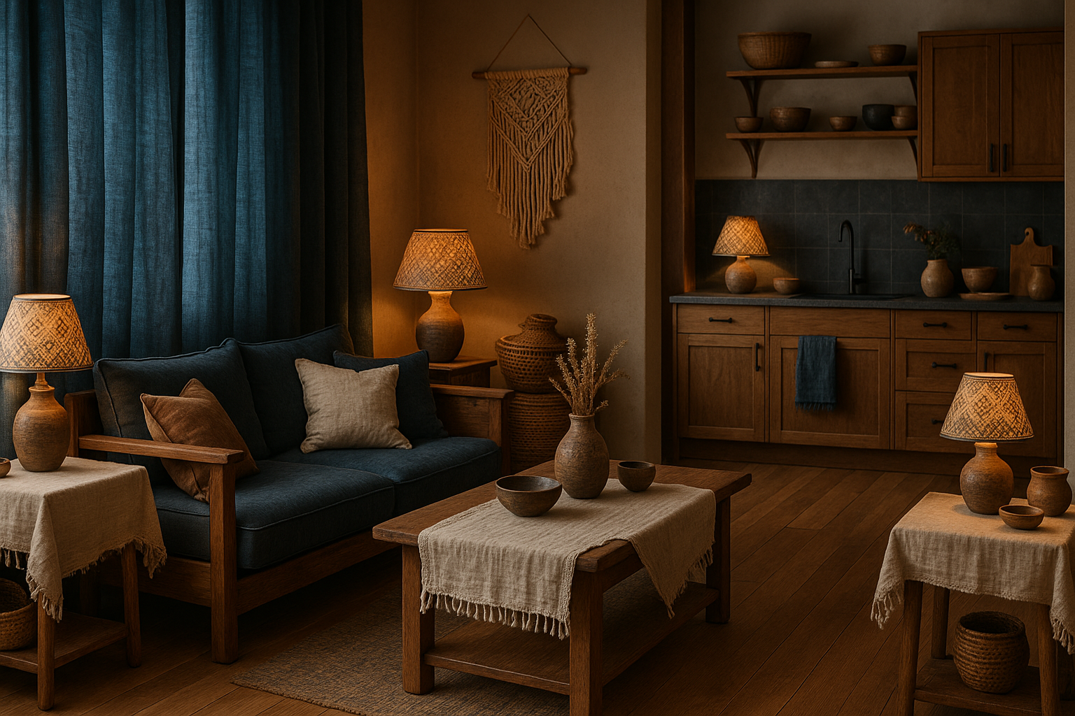 Modern boho living room with a grey couch styled with handcrafted block-printed cushions, blue flowing curtains, and earthy-toned decor for a cozy 2025 look.