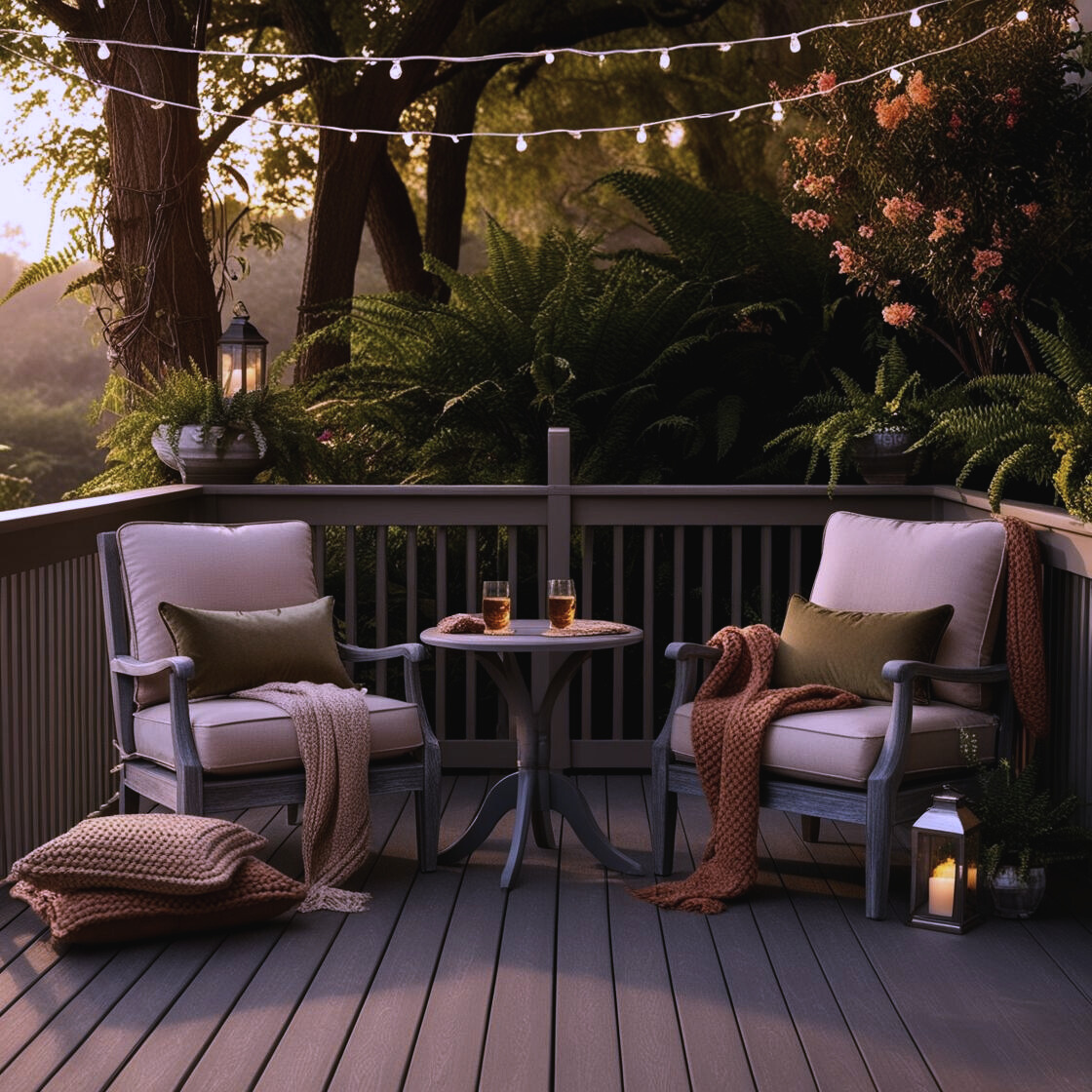 A serene, inviting backyard deck during golden hour, bathed in soft, natural light. The space features stylish yet timeless wooden furniture, cozy cushions, warm-toned throws.