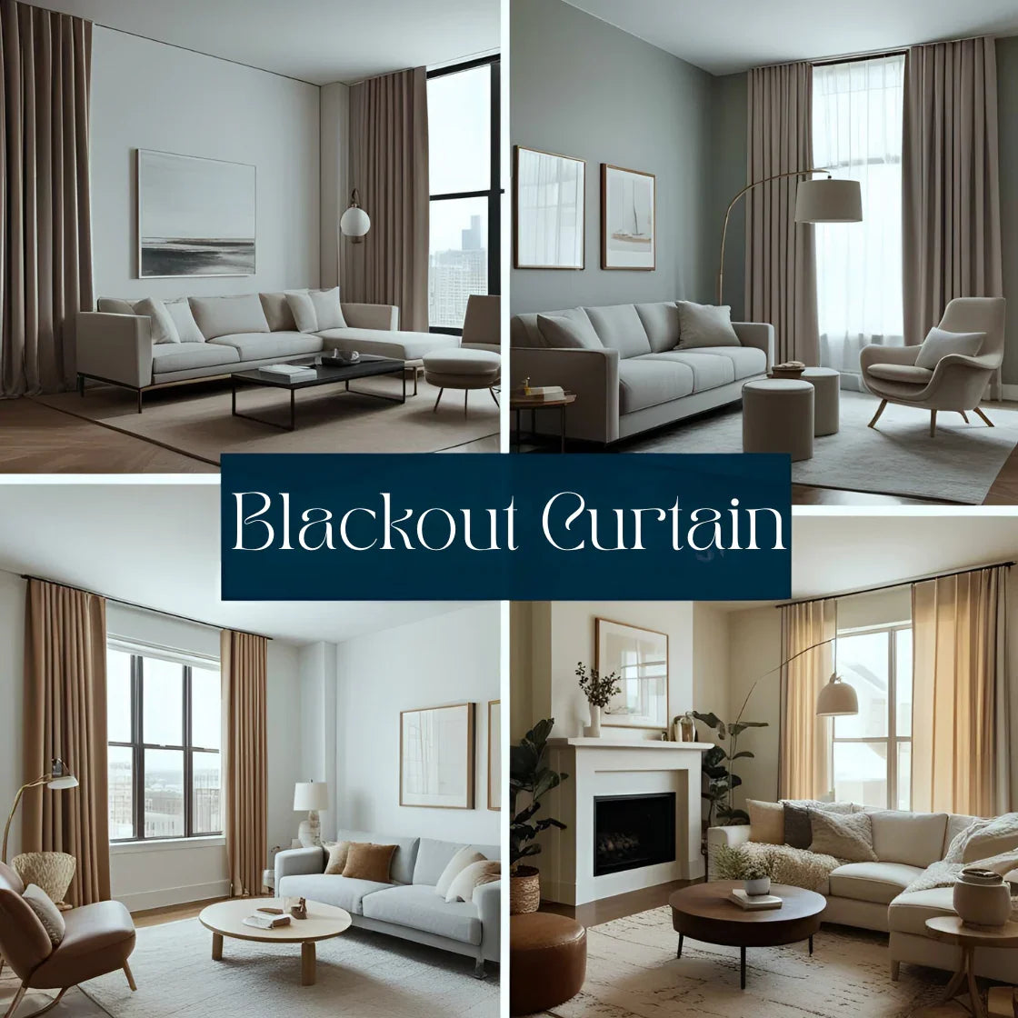 A stylish 2025 living room with luxurious blackout curtains as the centerpiece.