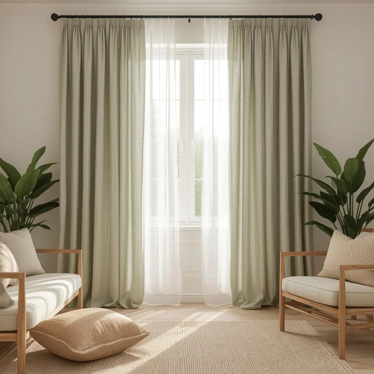 A modern American living room showcasing pink curtains with wooden décor, a serene bedroom with navy blue curtains, a rustic farmhouse space with green floral drapes, and a cozy living room with textured muted curtains.