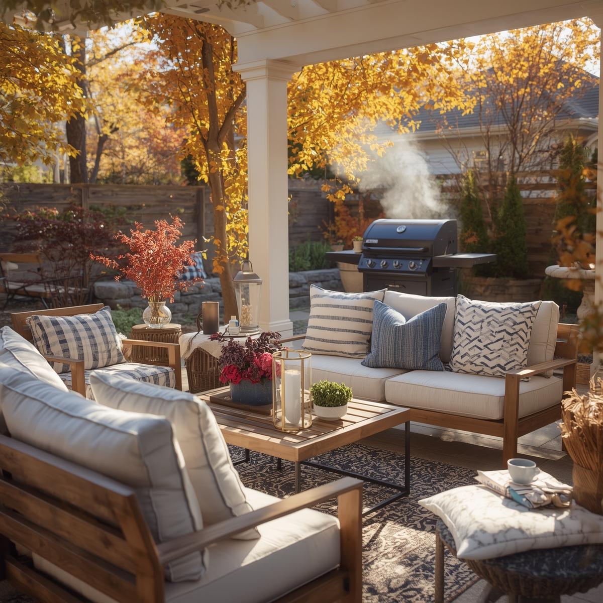 Modern patio in fall 2025 with blue and white outdoor pillows, golden autumn leaves, and cozy barbecue vibes.