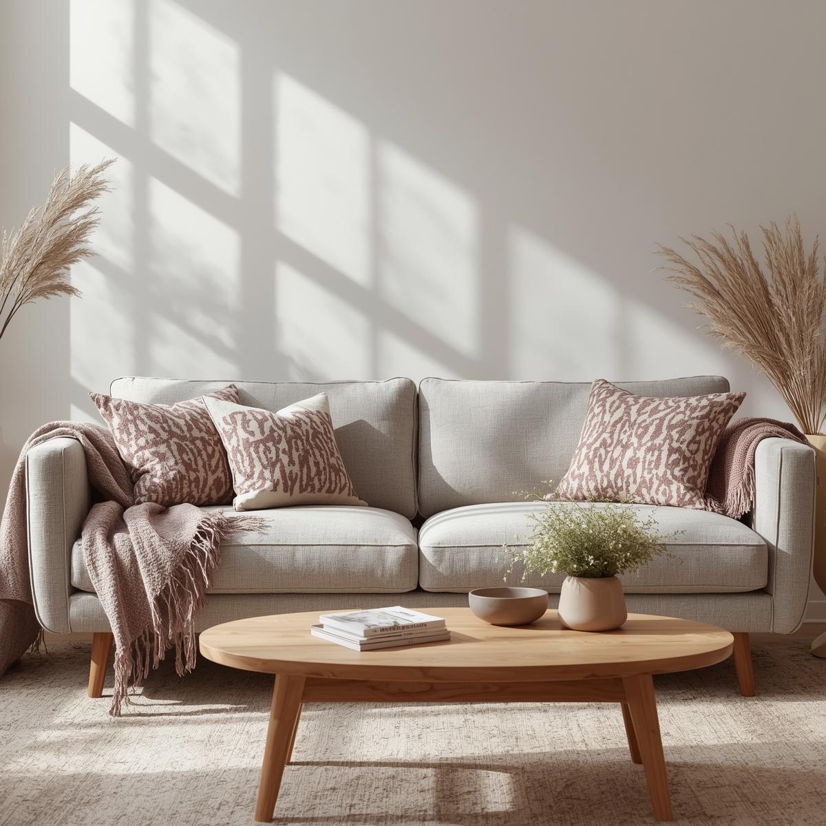 Modern 2025 living room with royal purple throw pillows and lilac cushion covers, adding a chic and luxurious vibe.