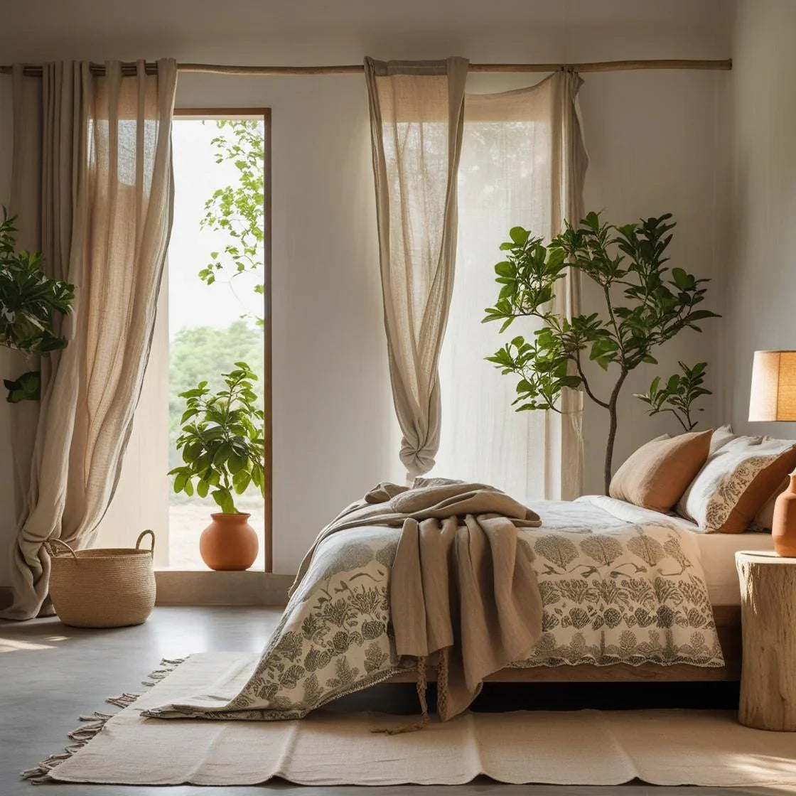 A cozy bedroom featuring soft, breathable cotton bedding in neutral tones, styled for a minimal and natural look.