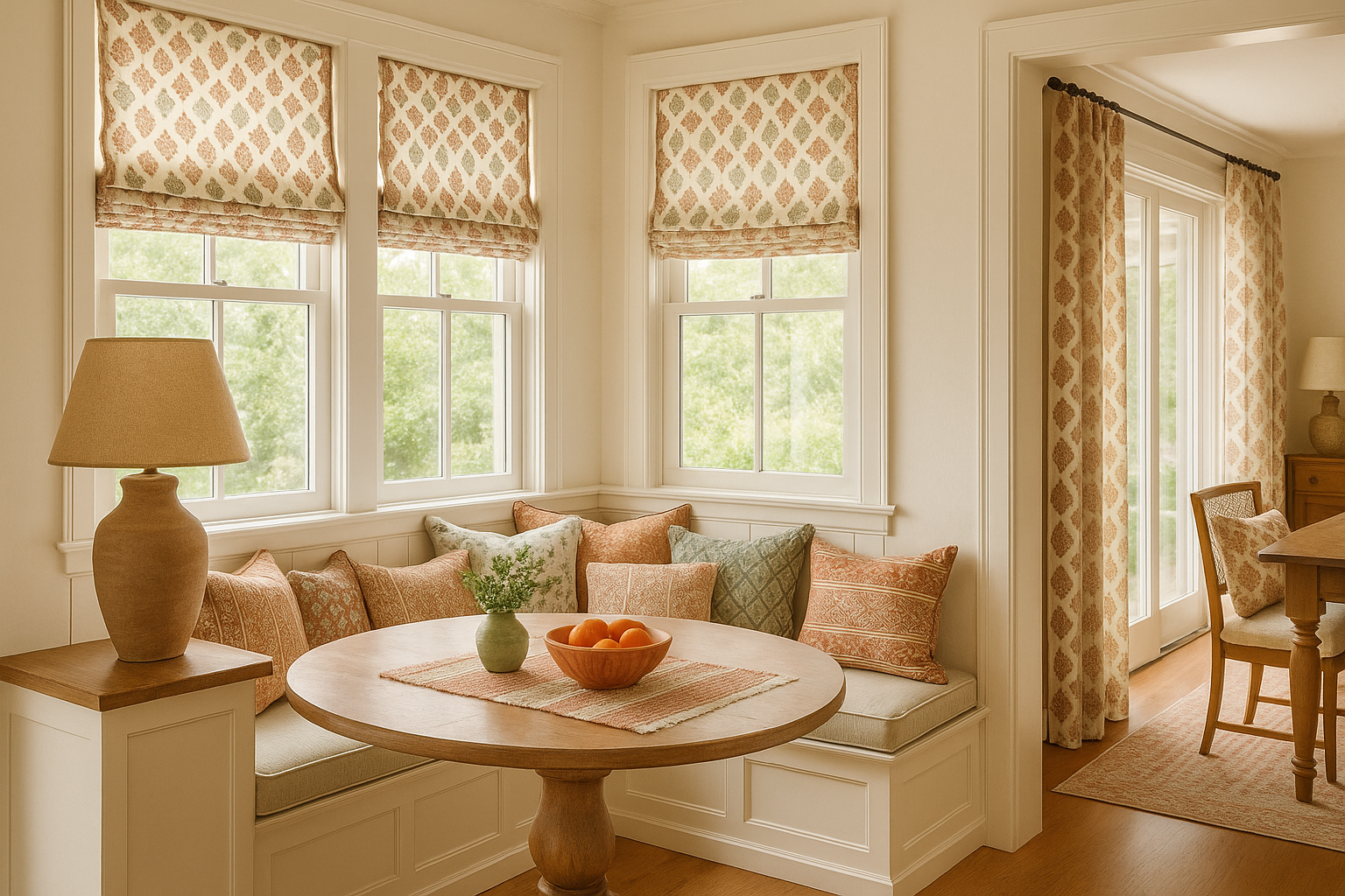 Bright and airy urban kitchen featuring soft linen Roman shades, handcrafted table runners, and coordinating throw pillows in earthy prints, creating a seamless and stylish space.