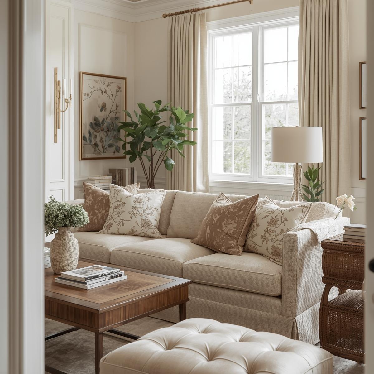 A modern living room with neutral walls and a sleek sofa decorated with 18x18 throw pillows in mixed patterns—traditional florals, geometric prints, and solids