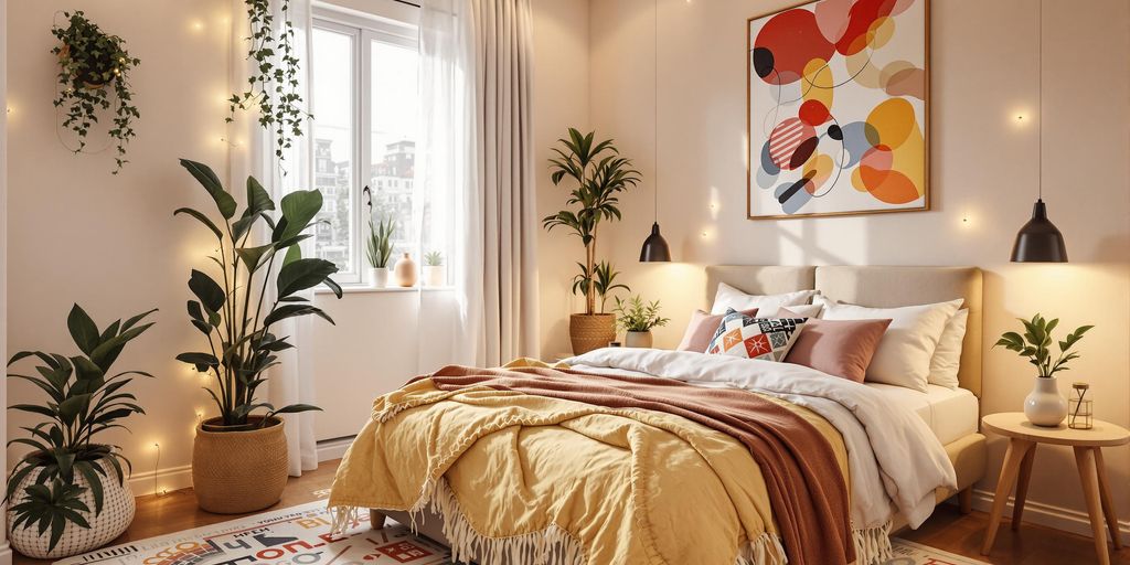 A serene and stylish bedroom with soft colors, natural textures, and cozy decor reflecting personal creativity and spiritual renewal in 2025.