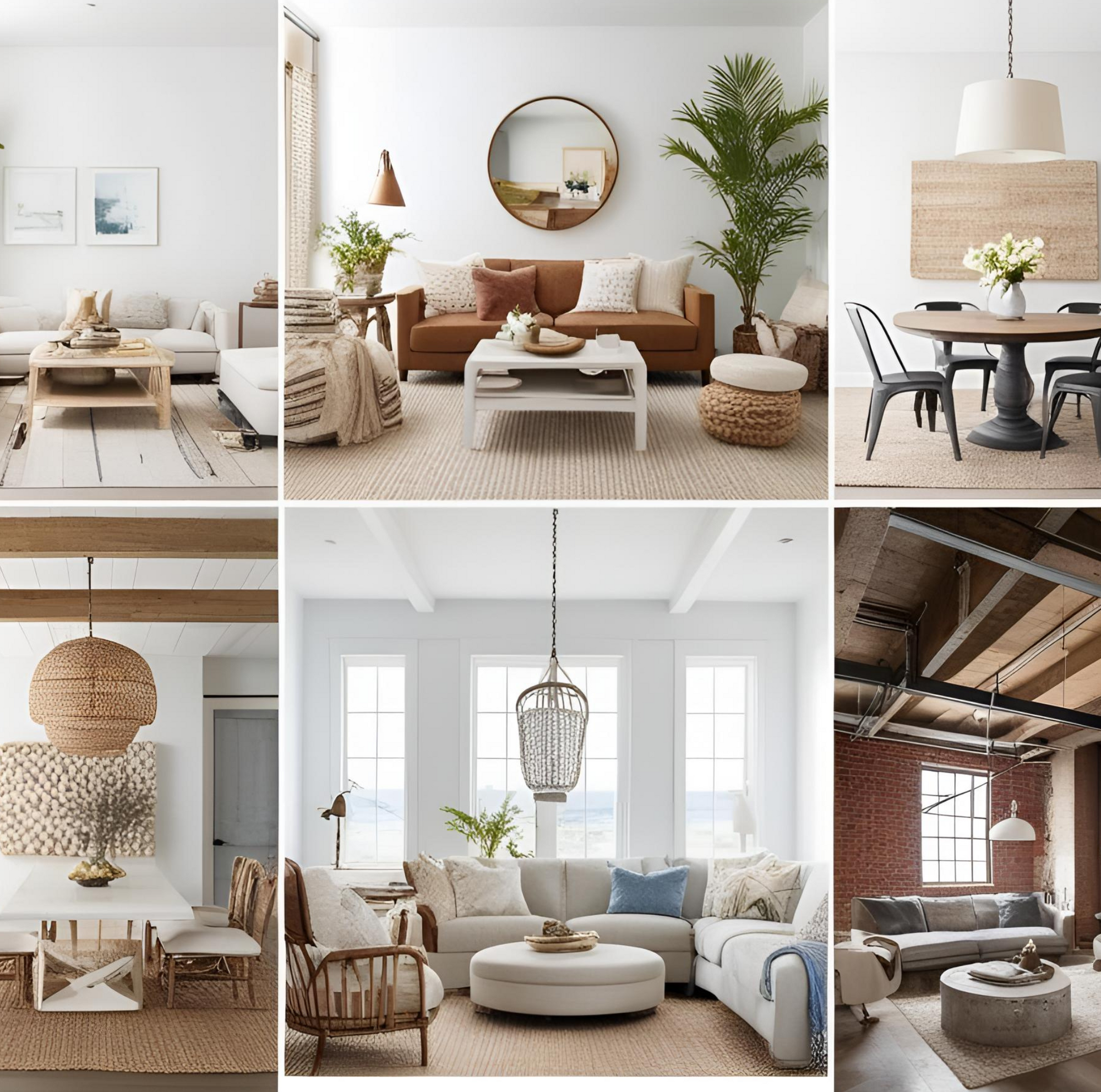 A modern living room featuring a statement wall with limewashed paint, 3D panels, large-scale art prints, and a mixed media gallery of photos.