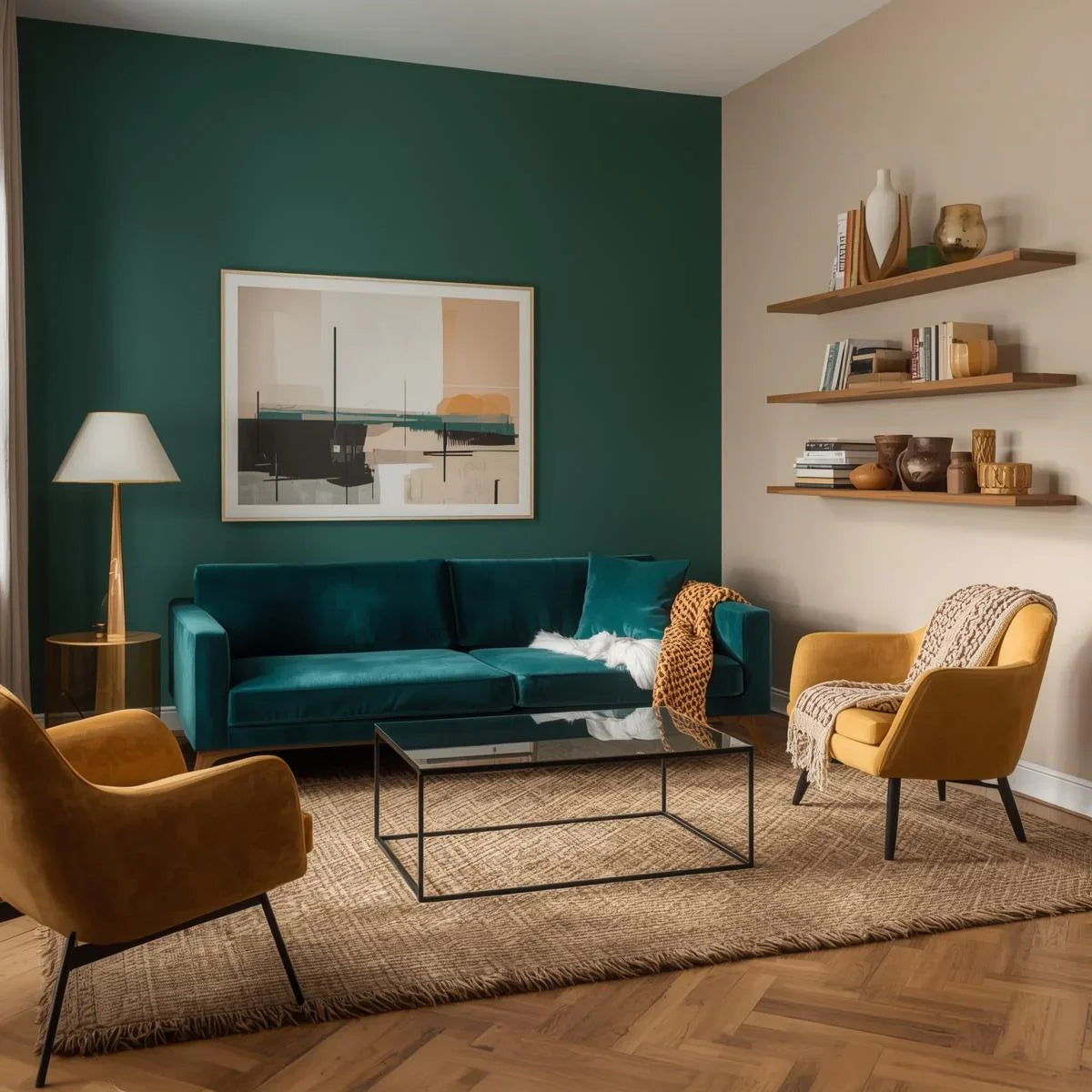 Stylish interior with armchair, throw, and books.