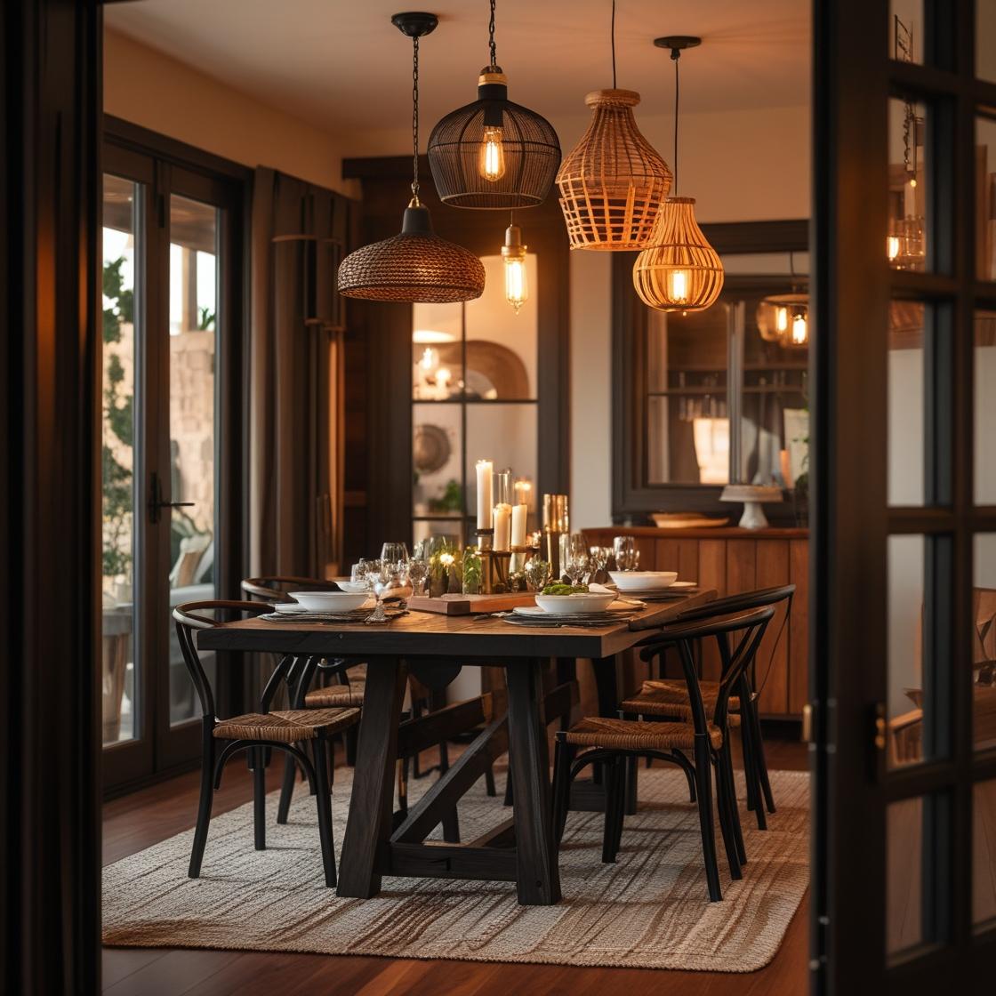Modern farmhouse dining room with glass pendant lights and vintage-style frames.