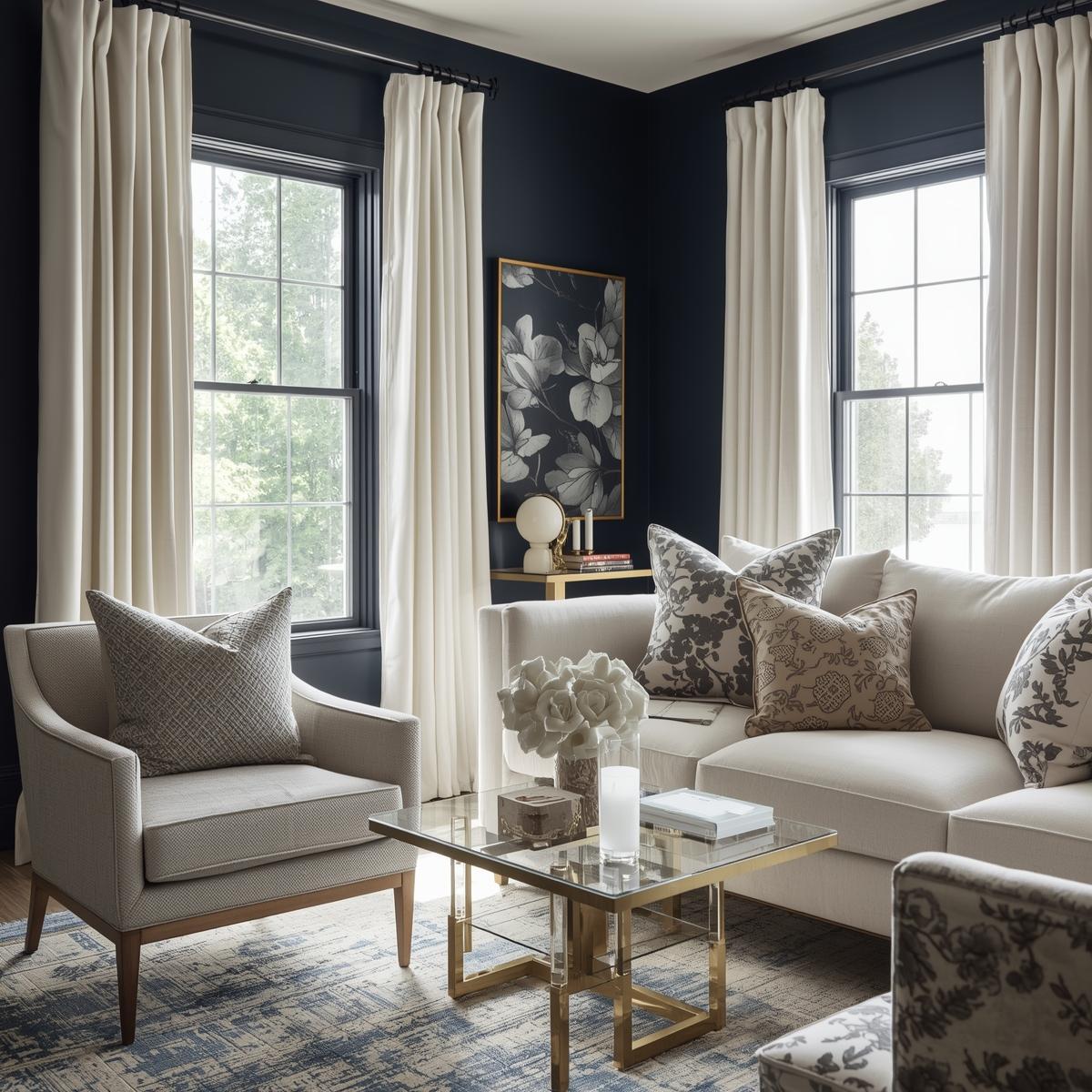Cozy living room with navy walls, white curtains, and chairs styled with Fabdivine block print pillows for an elegant touch.