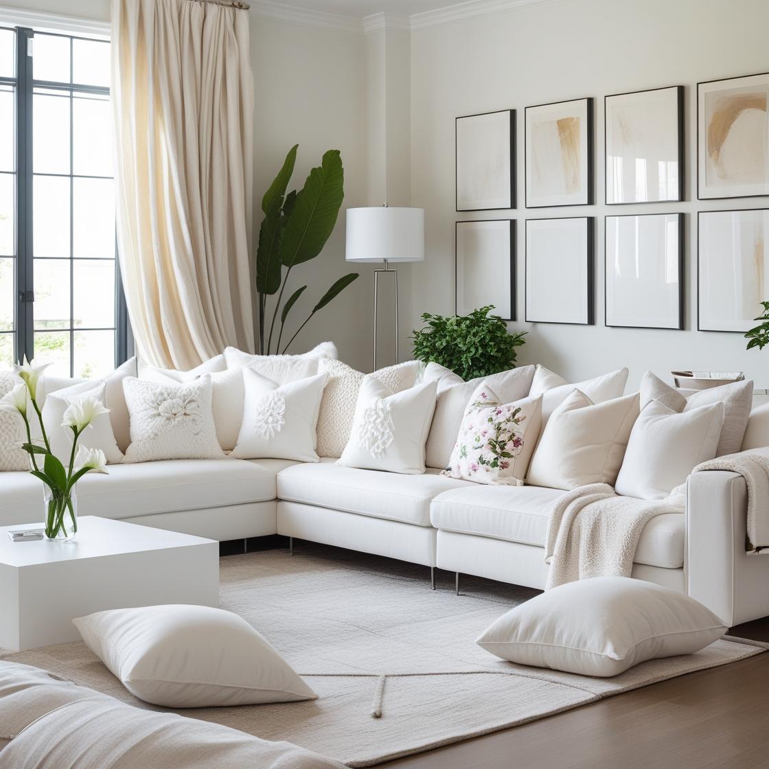 A bright, elegant American living room with a modern white sectional couch decorated with a beautiful mix of 20 white couch pillows in various styles.
