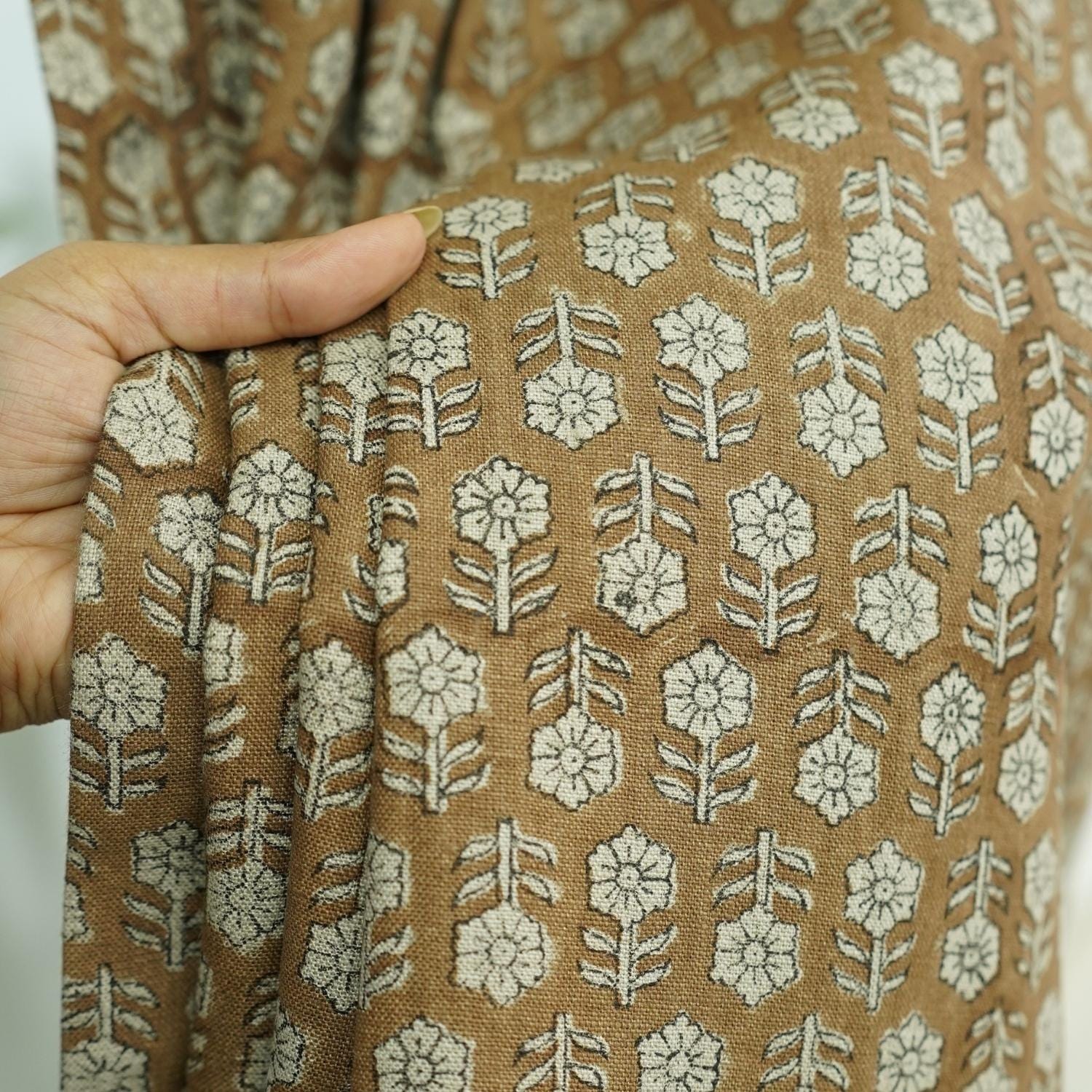 Linen Block Print Curtains - Minimalist Indian Window Treatments - Tulsi Buti