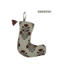 Hand Block Printed Linen Christmas Stocking in Red Wine Floral Design with Pom Pom For Modern Farmhouse Decor