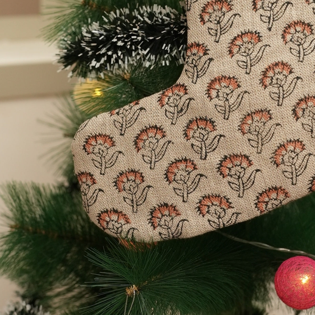 Handmade Juju Flower Black & Brown Thick Linen Block Printed Christmas Stockings with Pom Pom for Elegant Festive Decor