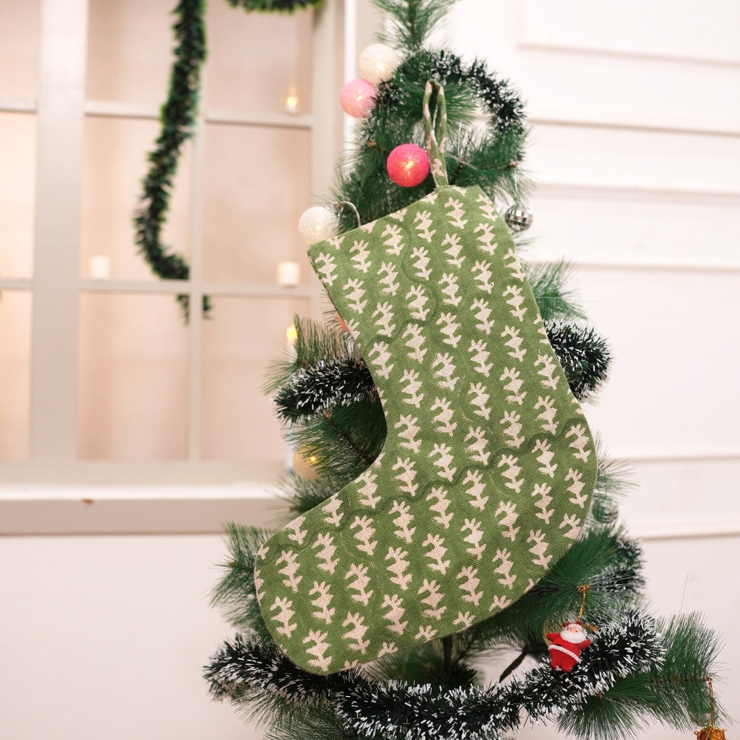 Handcrafted Green & Beige Floral Boho Wajeer Christmas Stockings on Thick Linen with Pompom Artisan Block Printed Festive Holiday Decor