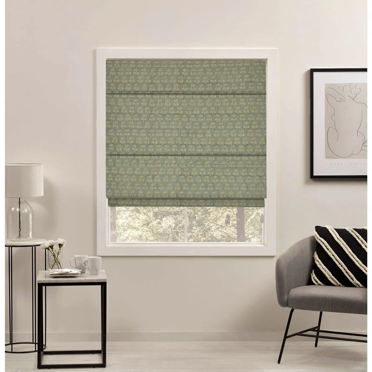 Damaru Light Green Block Print Pure Linen Roman Shade