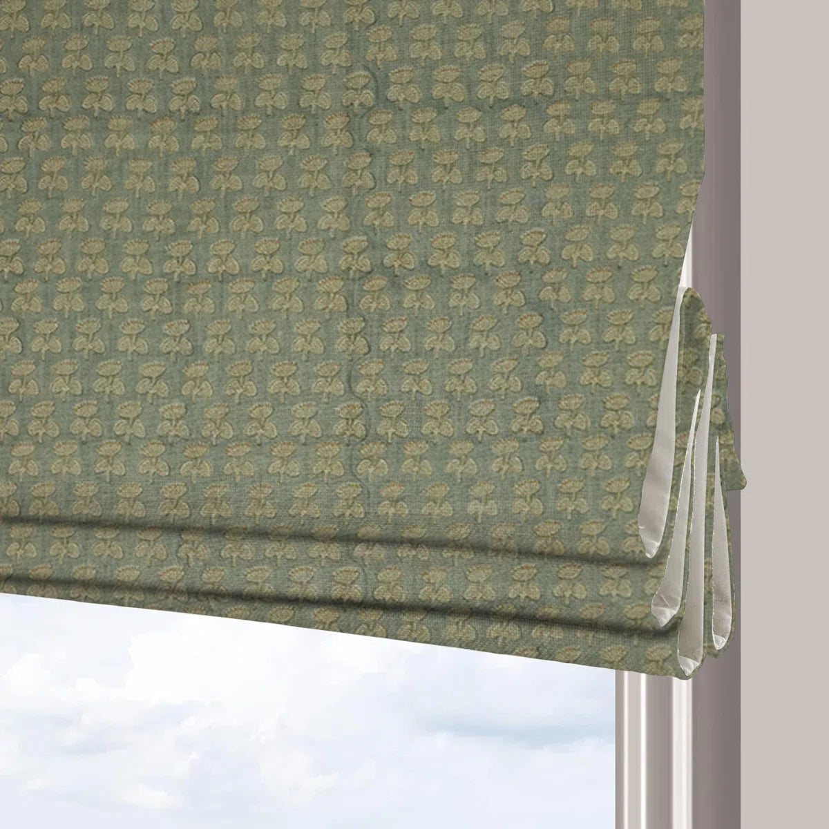 Damaru Light Green Block Print Pure Linen Roman Shade