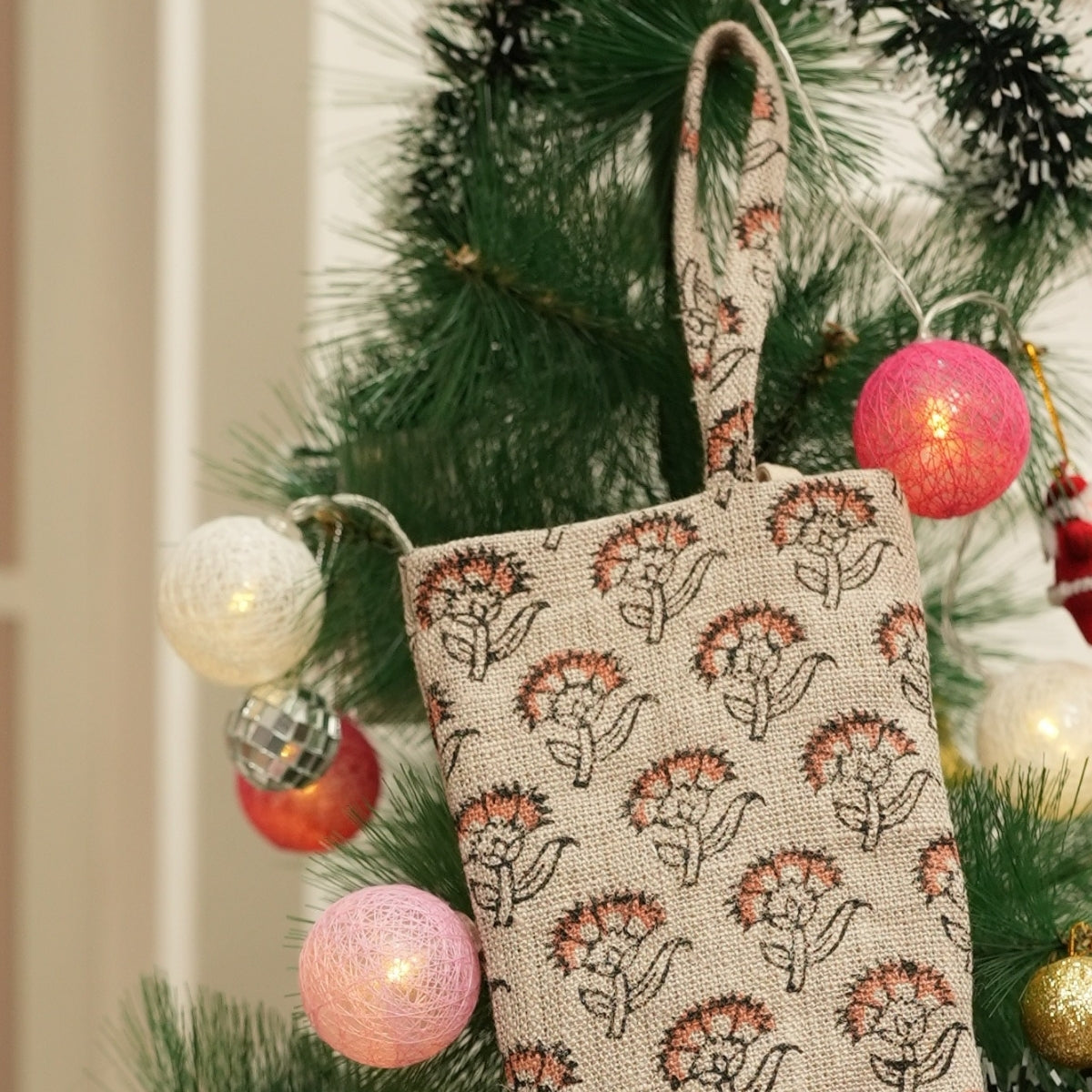 Handmade Juju Flower Black & Brown Thick Linen Block Printed Christmas Stockings with Pom Pom for Elegant Festive Decor