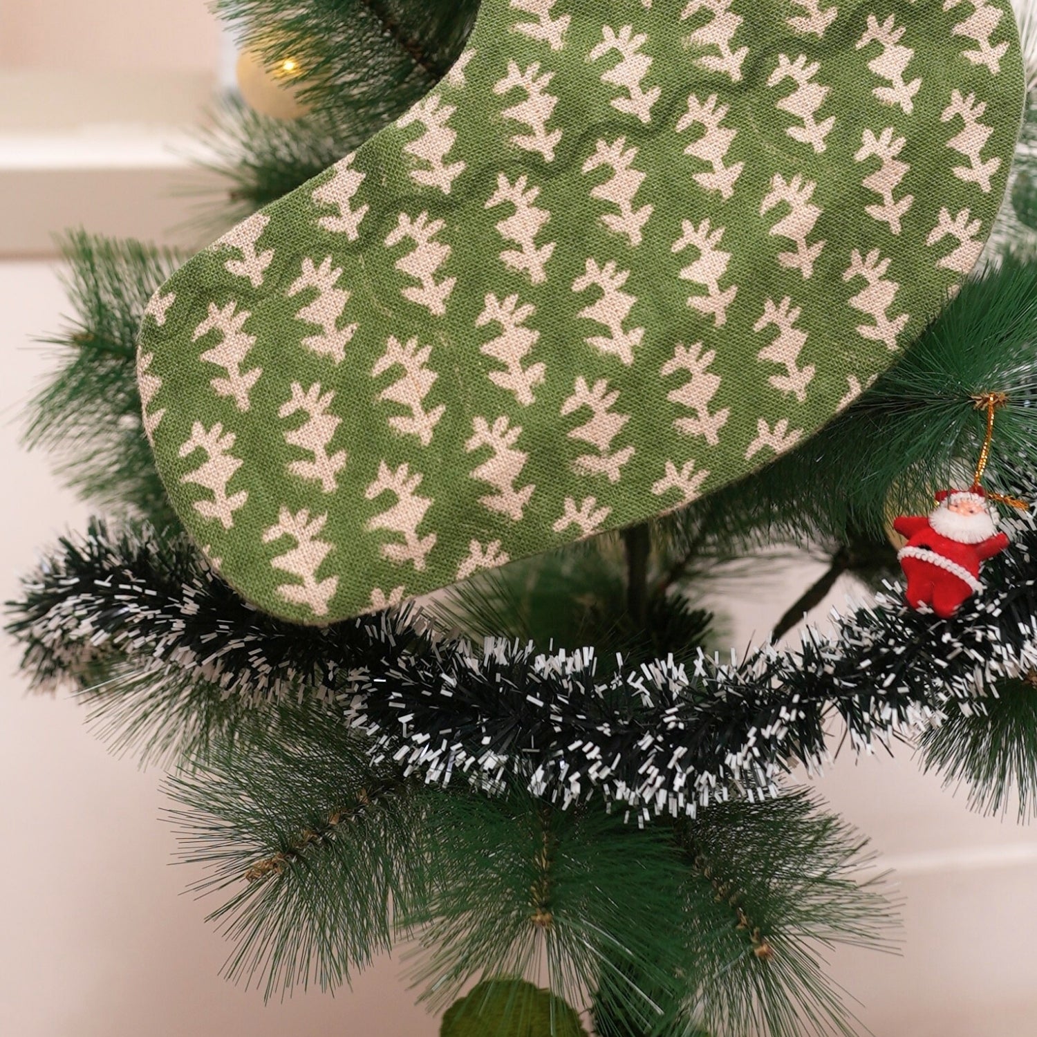 Handcrafted Green & Beige Floral Boho Wajeer Christmas Stockings on Thick Linen with Pompom Artisan Block Printed Festive Holiday Decor