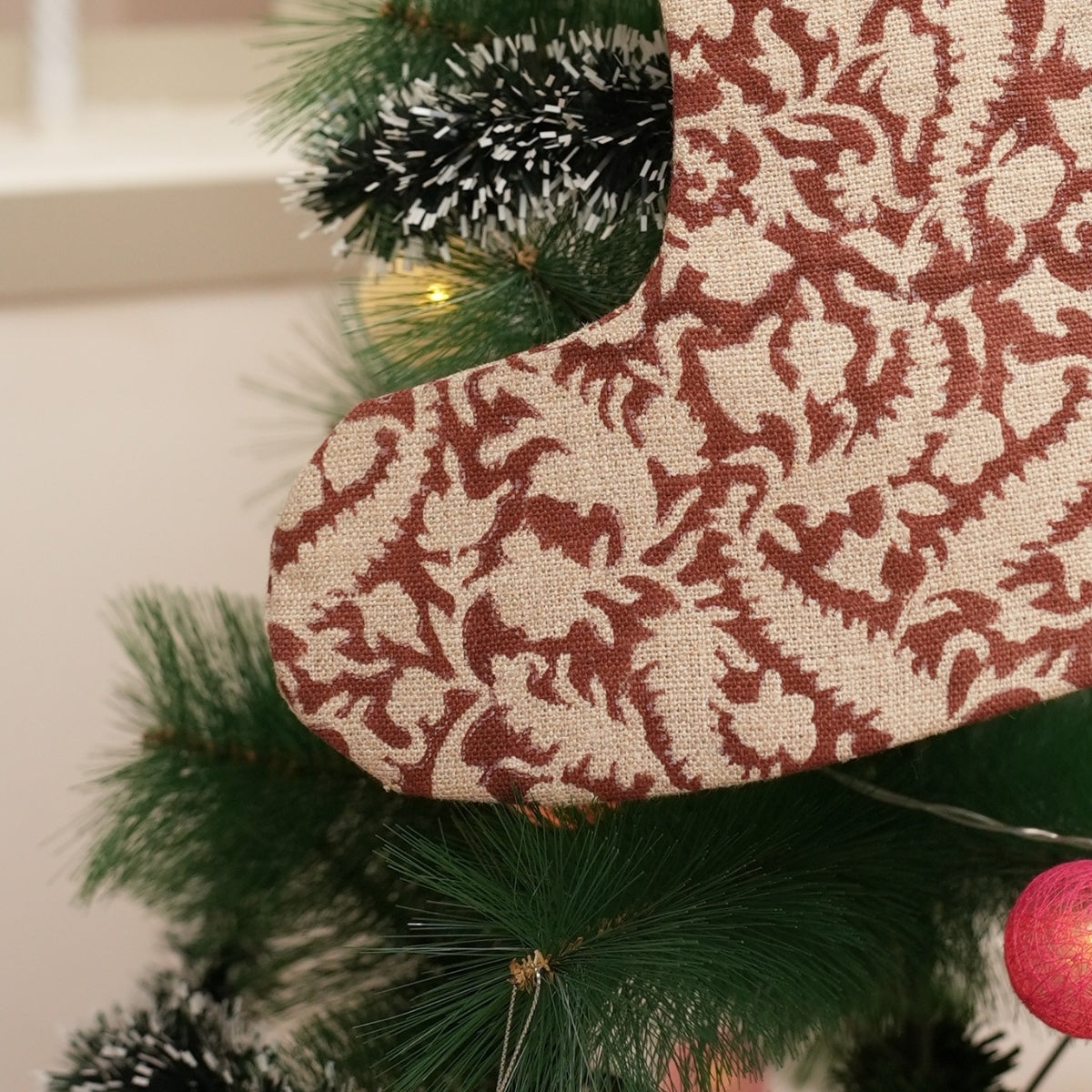 Indian Black Forest Brown Floral Thick Linen Block Printed Christmas Stockings with Elegant Pom Pom Detailing for Festive 