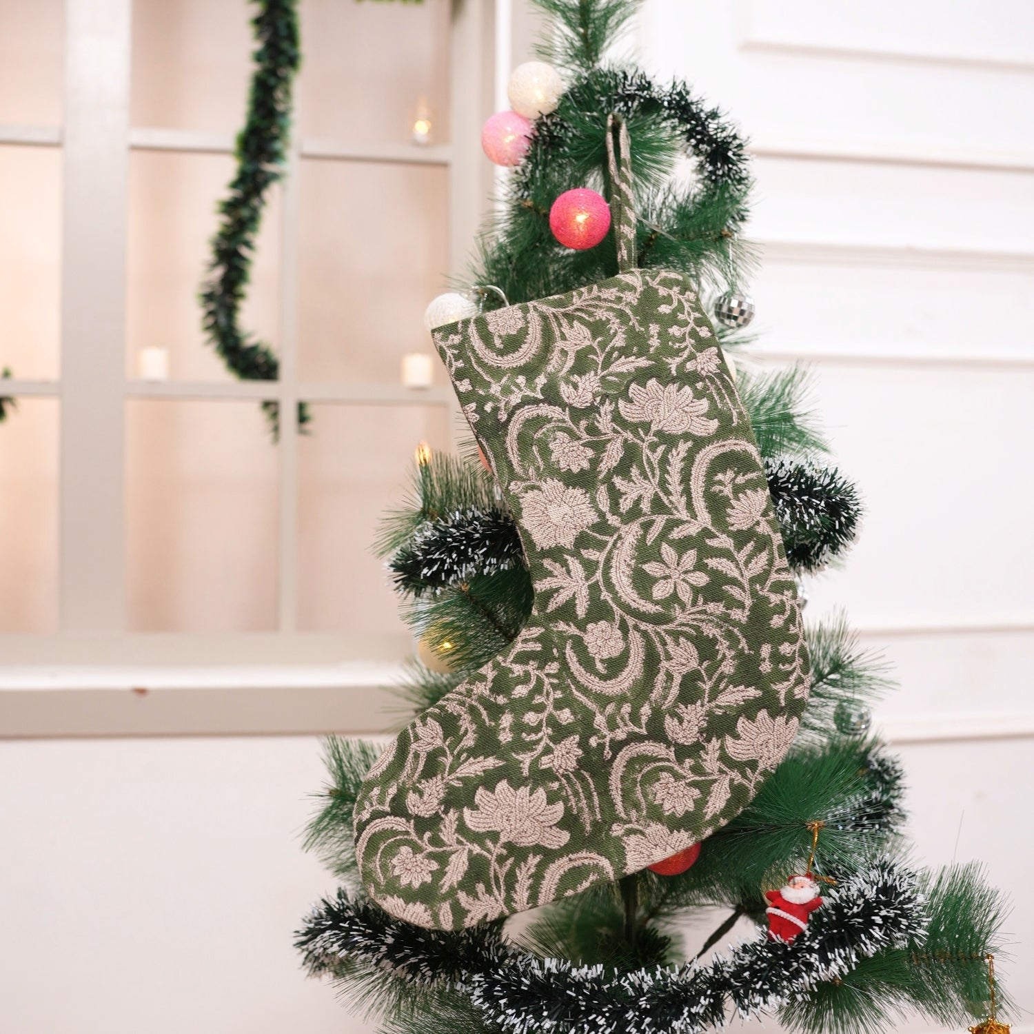 Green Floral Kundanvan Hand Block Printed Christmas Stockings on Thick Linen with Pom Pom Elegant Festive Decor for Farmhouse & Modern Homes