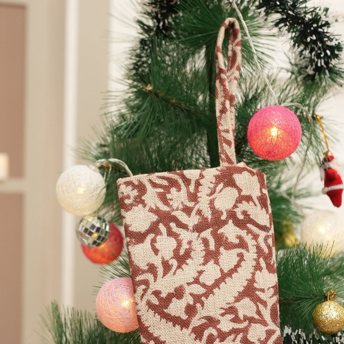 Indian Black Forest Brown Floral Thick Linen Block Printed Christmas Stockings with Elegant Pom Pom Detailing for Festive 