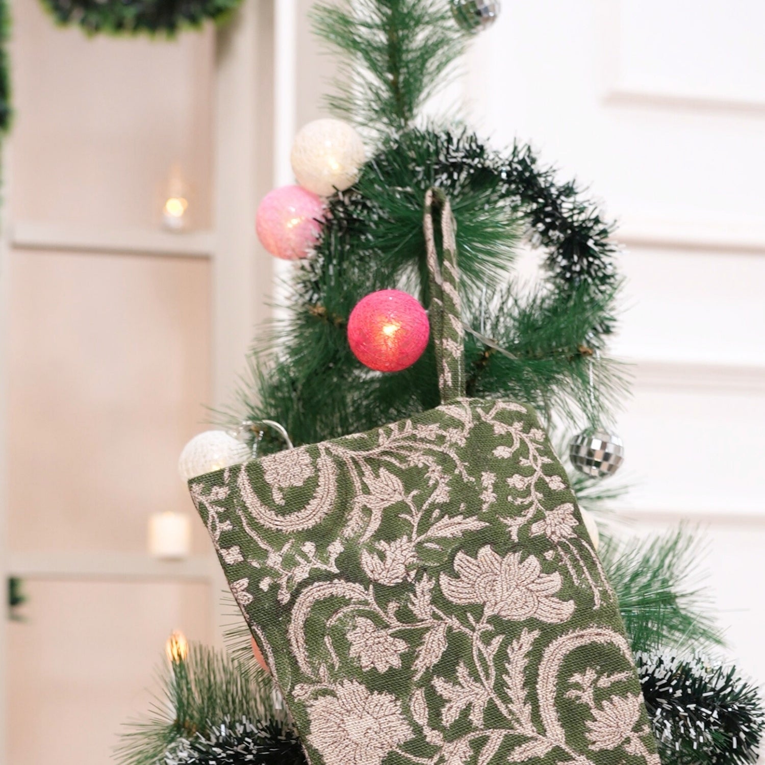 Green Floral Kundanvan Hand Block Printed Christmas Stockings on Thick Linen with Pom Pom Elegant Festive Decor for Farmhouse & Modern Homes