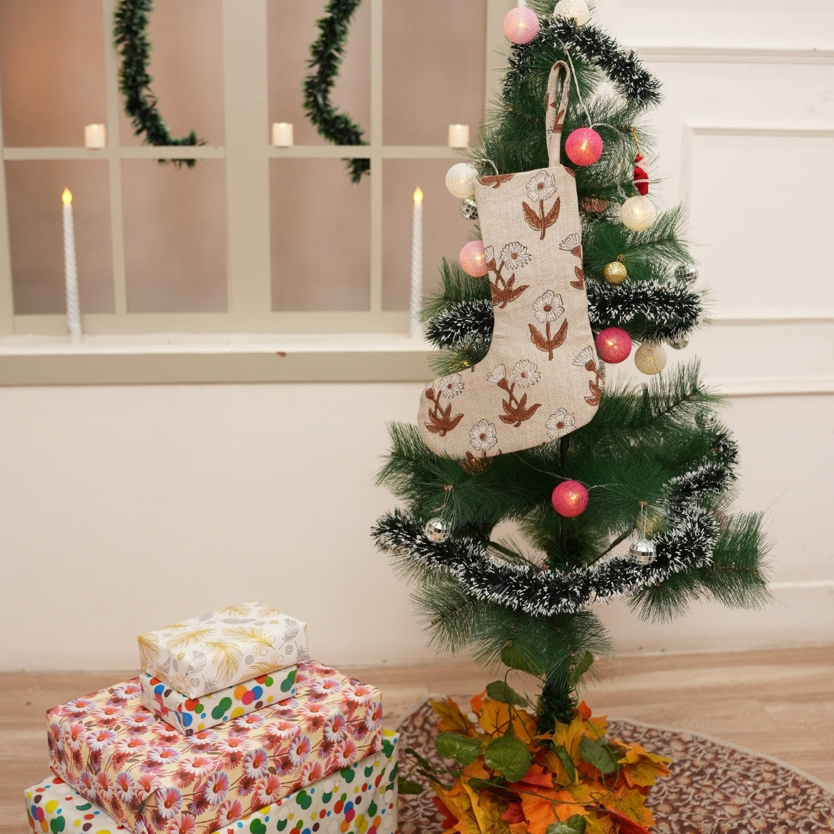 Handmade Kirti Brown & White Floral Thick Linen Block Printed Christmas Stocking with Pom Pom for Elegant Festive Decor