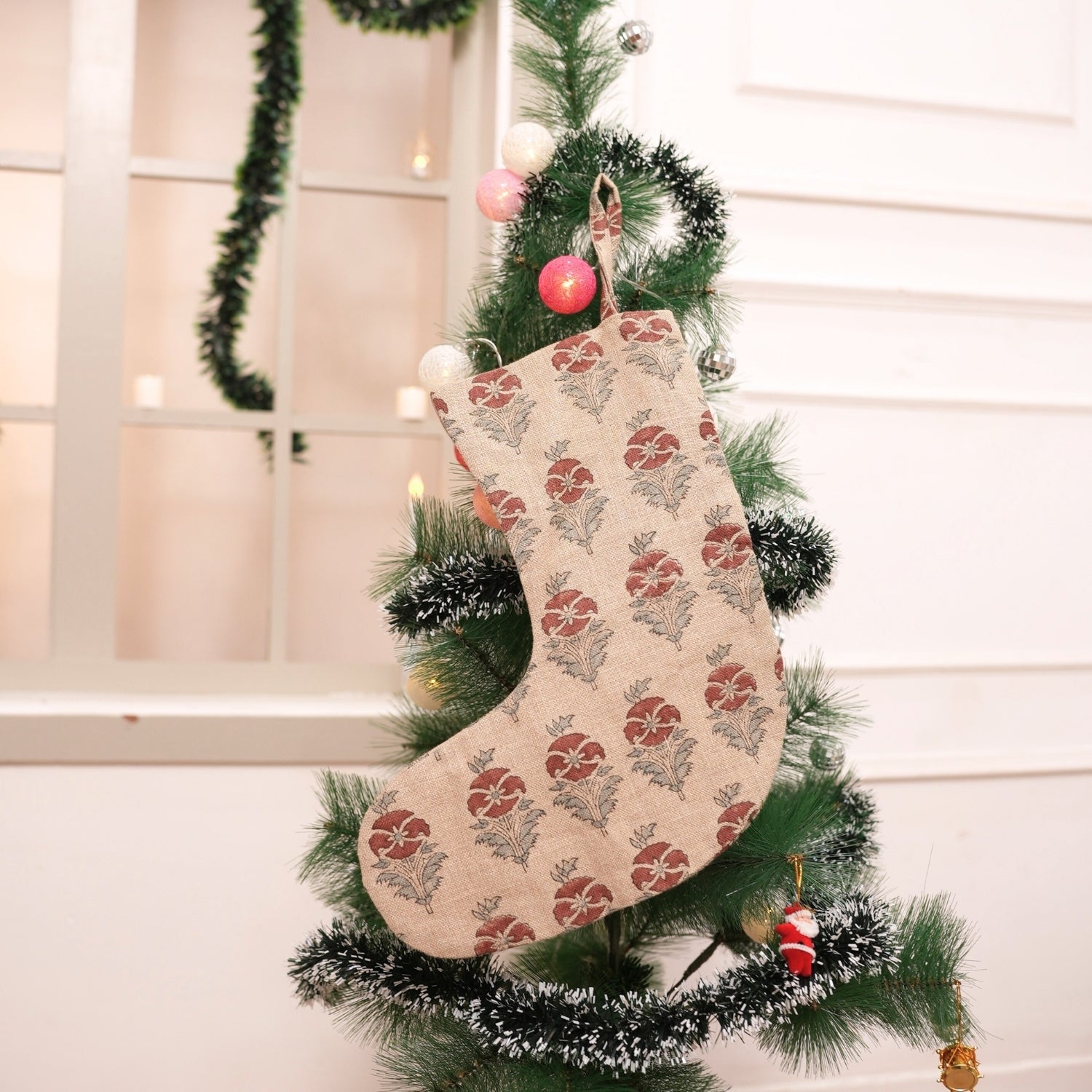 Block Printed Thick Linen Christmas Stockings Brown & Gray Floral for Farmhouse Decor with Pompom Mormukut Holiday Decor 