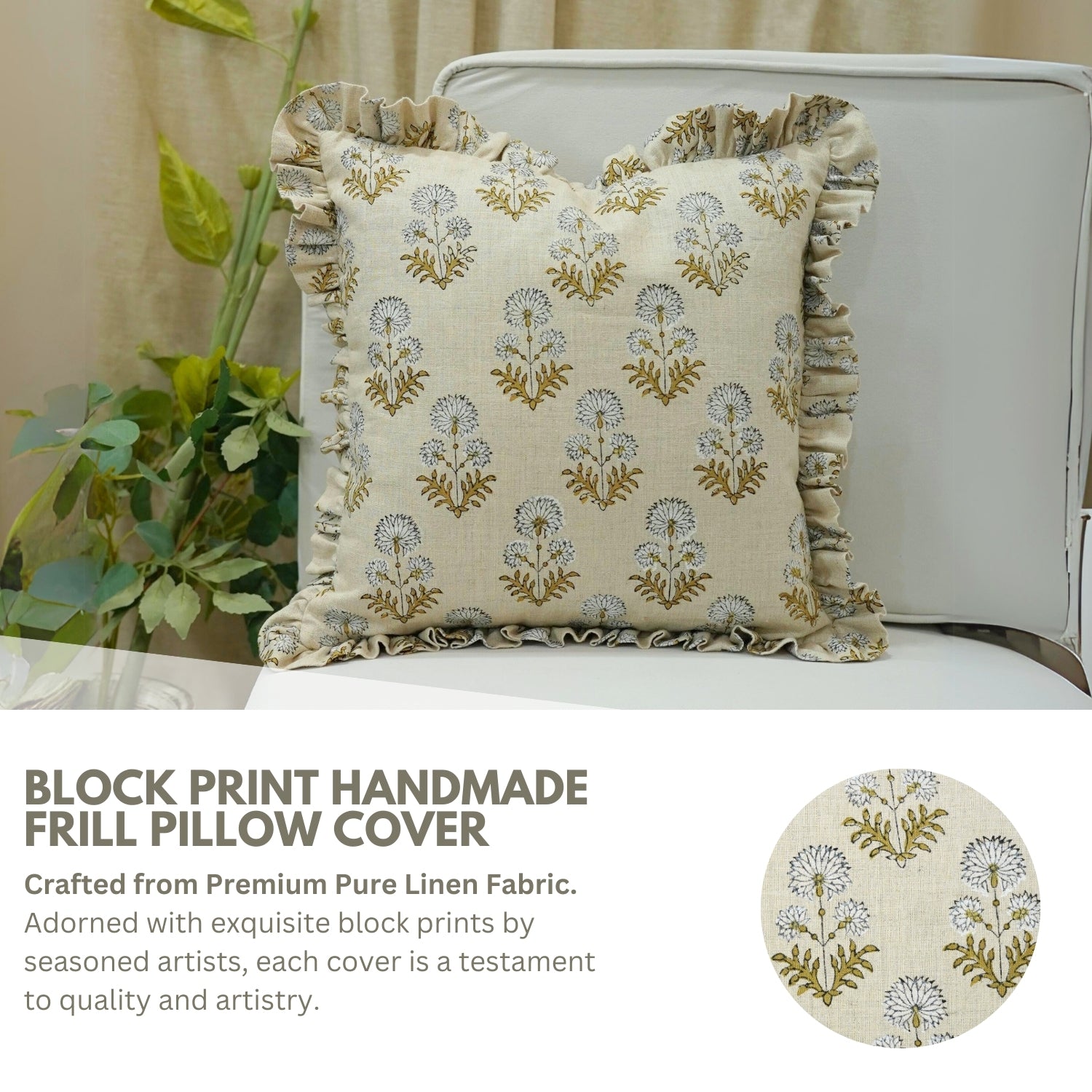 Handmade Printed Green Gray Floral Linen Frill Cushion Cover