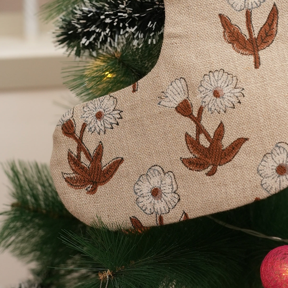 Handmade Kirti Brown & White Floral Thick Linen Block Printed Christmas Stocking with Pom Pom for Elegant Festive Decor
