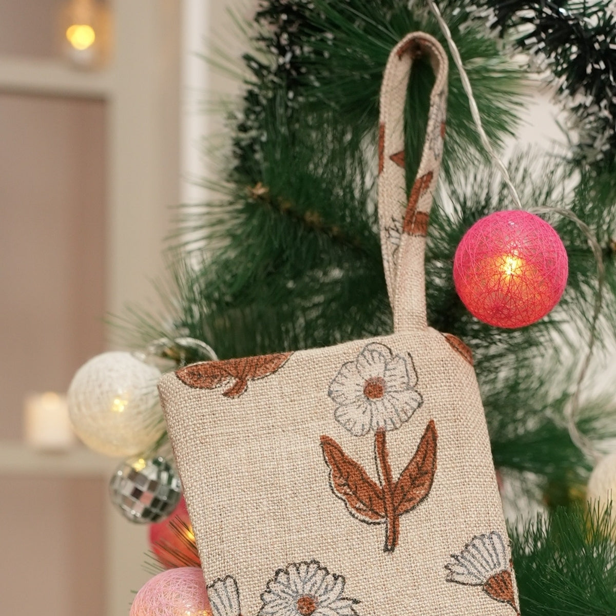 Handmade Kirti Brown & White Floral Thick Linen Block Printed Christmas Stocking with Pom Pom for Elegant Festive Decor