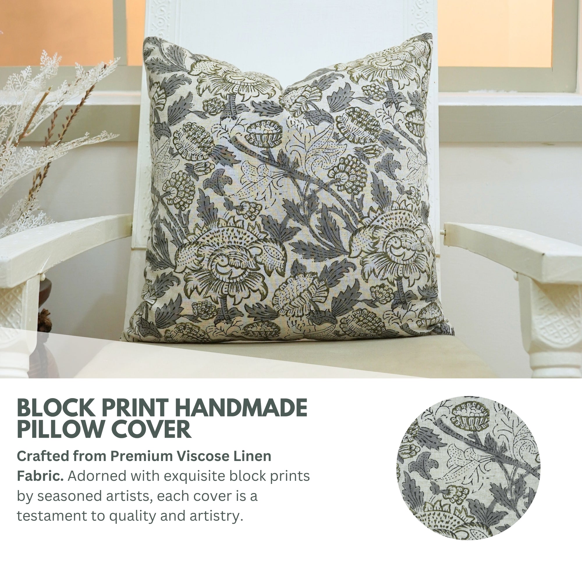Handmade Block Printed Floral Premium Viscous Linen Pillow Cover - Akashgnaga