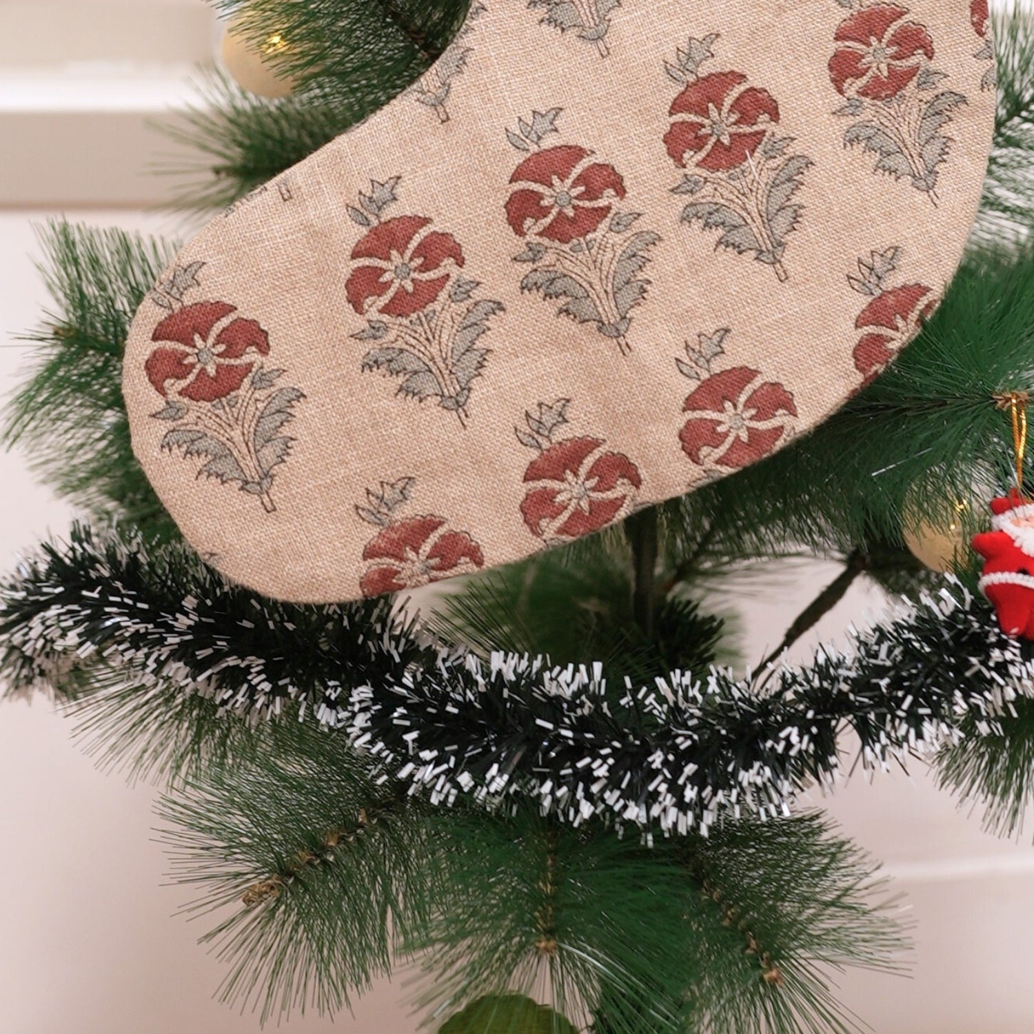 Block Printed Thick Linen Christmas Stockings Brown & Gray Floral for Farmhouse Decor with Pompom Mormukut Holiday Decor 