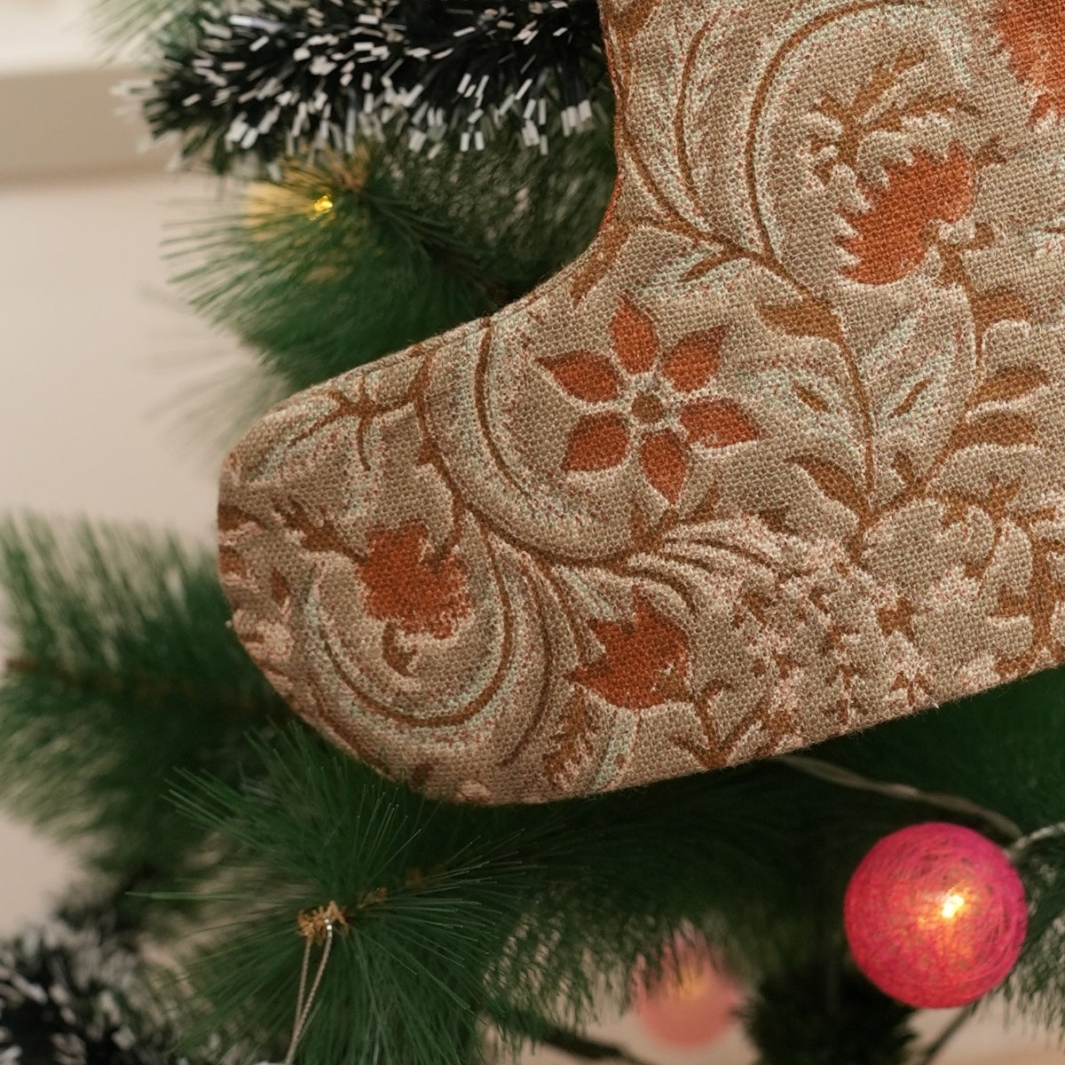 Handmade Block Printed Orange & Gray Floral Thick Linen Christmas Stockings on Kundanvan Pattern Fabric Holiday Decor with Pompom