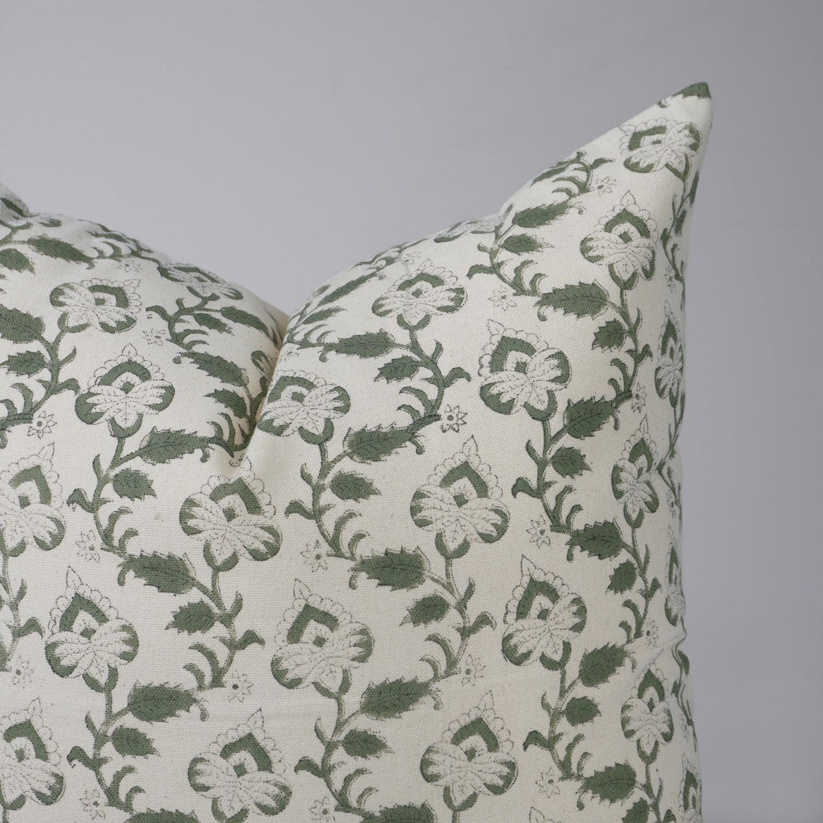 Sage Green Floral Block Print Pillow Cover - Madhubala