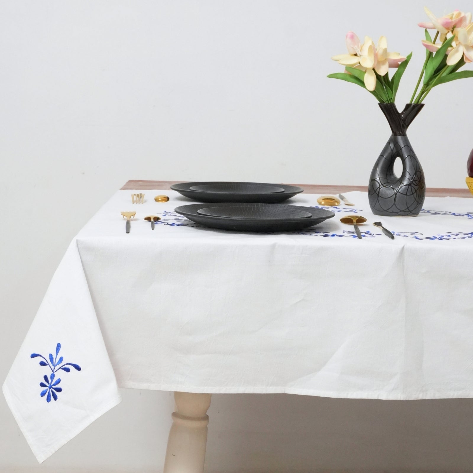 Purple Floral Boho Embroidered Cotton Table Cover | Dining Decor